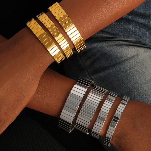 Stainless Steel Elastic Stretch Bracelet Bangle For Women Watchband Style Gold Silver Bi-Color Polished Retro Jewelry Gift