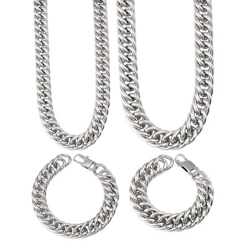 Parure de Bijoux Homme en Acier Inoxydable Grosse Chaîne Cubaine Collier et Bracelet Argent Poli Style Hiphop Punk