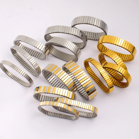 Stainless Steel Elastic Stretch Bracelet Bangle For Women Watchband Style Gold Silver Bi-Color Polished Retro Jewelry Gift