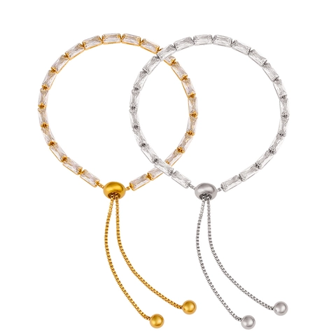 Luxury Baguette Cut Zircon Tennis Bracelet For Women Adjustable Stainless Steel Full Rhinestone Sparkly Elegant Bracelet Jewelry