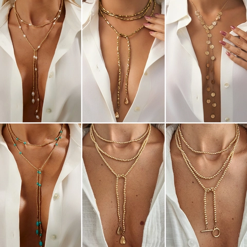 Luxury Gold Silver Beaded Long Necklace For Women Alloy Imitation Pearl Turquoise Tassel Y-Shape Lariat Necklace Bohemia Jewelry