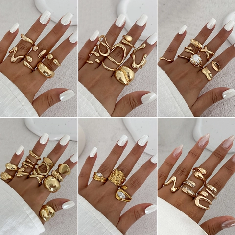 Irregular Liquid Metal Open Ring Set Lava Texture Adjustable Geometric Gold Silver Plated Alloy Rings For Women