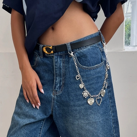 Metal Heart Pendant Jeans Chain Hip Hop Punk Style Waist Belt Accessory For Women Gold Silver Alloy Decorative Chain