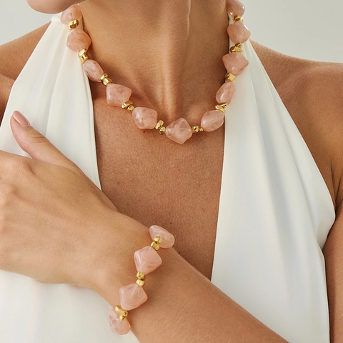 Vintage Irregular Resin Bead Necklace And Bracelet Bohemian Marbling Gold Plated Alloy Chunky Choker Jewelry For Women