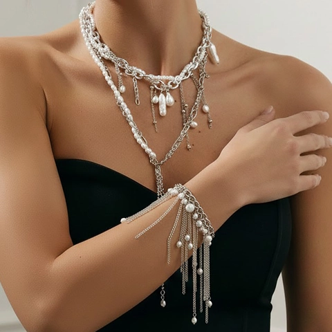 Vintage Multilayer Baroque Imitation Artificial Pearl Tassel Necklace Gold Silver Alloy Chain Choker Bracelet Jewelry For Women
