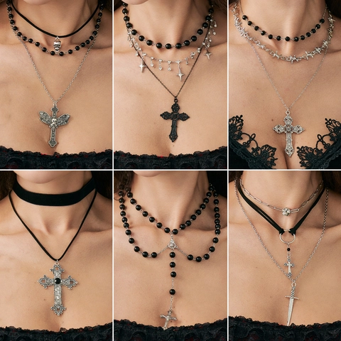 Gothic Punk Multilayer Necklace Alloy Velvet Acrylic Beaded Cross Skull Dagger Star Pendant Choker For Women Dark Jewelry