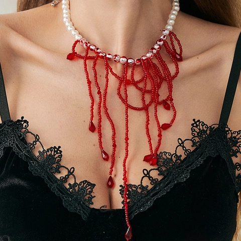 Gothic Bloeddruppel Kwastje Halsketting Voor Halloween Feest Vrouwen Imitatieparel Rijstkraal Rood Kristal Waterdruppel Sieraden