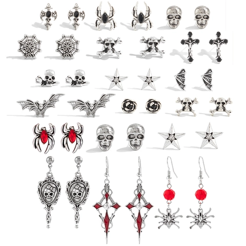 Boucles d'Oreilles en Alliage Gothiques d'Halloween Tige en Acier Inoxydable Argent Antique Tête de Mort Araignée Chauve-souris Bijoux Punk Femme