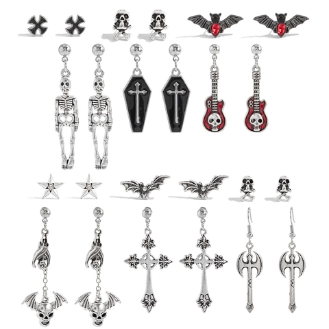 Boucles d'Oreilles en Alliage Gothiques d'Halloween Tige en Acier Inoxydable Argent Antique Tête de Mort Araignée Chauve-souris Bijoux Punk Femme