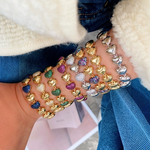 Bracelet à Maillons Coeur pour Femme Plaqué Or 18K Cuivre Zircone Colorée Élégant Doux Chaîne Réglable Bijoux Cadeau