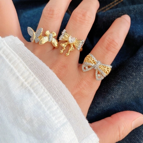 Eleganter 18K Vergoldeter Kupfer Zirkonia Schmetterling Schleife Offener Ring Für Damen Vintage Hohl Bi-Color Modeschmuck