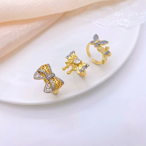 Eleganter 18K Vergoldeter Kupfer Zirkonia Schmetterling Schleife Offener Ring Für Damen Vintage Hohl Bi-Color Modeschmuck