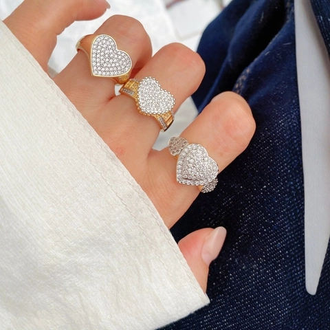 Anello a Cuore in Rame Placcato Oro 18K per Donna Moda Micro Intarsiato Zirconia Anello Regolabile Aperto Gioielli di Lusso Regalo