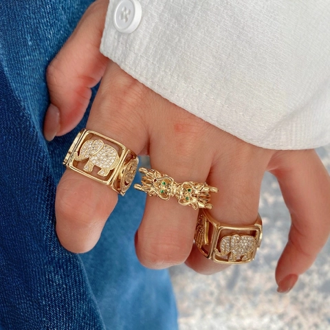 Vintage Chinese Style Double Dragon Head Opening Ring Copper 18K Gold Plated Zirconia Elephant Adjustable Rings Jewelry For Unisex