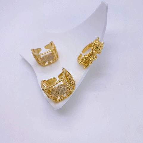 Vintage Chinese Style Double Dragon Head Opening Ring Copper 18K Gold Plated Zirconia Elephant Adjustable Rings Jewelry For Unisex