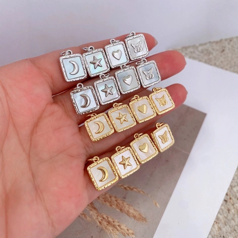 French Vintage Square Mother Of Artificial Pearl Pendant 18K Gold Plated Copper Heart Butterfly Moon Star For DIY Jewelry Making Necklaces
