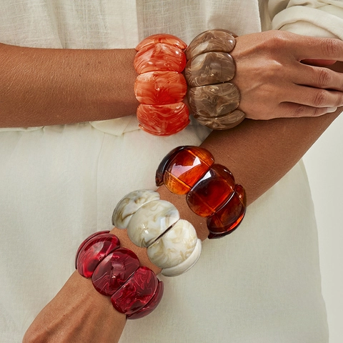 Vintage Resin Chunky Bangle Bracelet For Women Marble Amber Texture Elastic Stretch Wide Bracelet Retro Fashion Jewelry