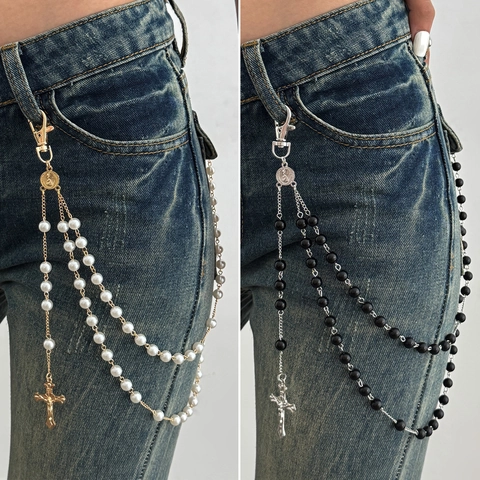 Gothic Multi Layer Faux Artificial Pearl Cross Pendant Pants Chain Metal Alloy Waist Chain For Women Fashion Jewelry Jeans Decor