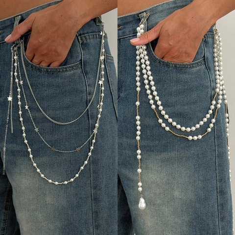 Multi-Layer Imitation Artificial Pearl Star Tassel Waist Chain Personalized Metal Pants Chain With Safety Pin Accessory For Women Men
