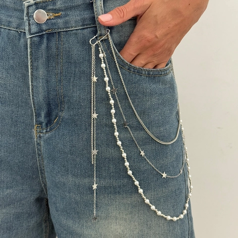 Multi-Layer Imitation Artificial Pearl Star Tassel Waist Chain Personalized Metal Pants Chain With Safety Pin Accessory For Women Men