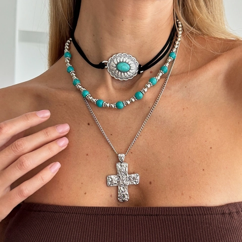 Bohemian Layered Alloy Necklace Imitation Turquoise Bull Skull Cross Pendant Necklace For Women Western Ethic Vintage Jewelry