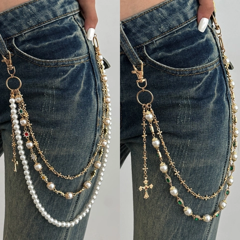 Hip Hop Multi Layer Waist Chain For Women Imitation Artificial Pearl Alloy Cross Pendant Colorful Rhinestone Pants Chain Jewelry