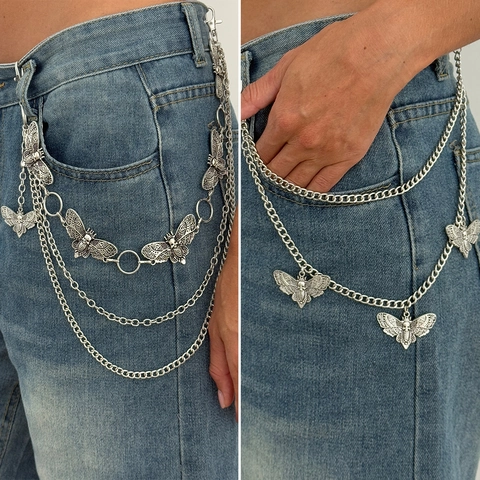 Catena per Pantaloni Gotica con Falena e Teschio Multistrato in Metallo per Halloween Punk Streetwear Donna Uomo Accessori