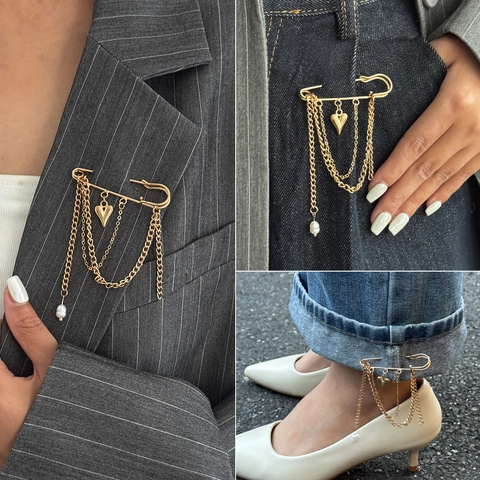 Ins Stijl Gouden Legering Veiligheidsspeld Broche Met Hart Hanger Meerlagige Ketting Imitatie Kunstparel Voor Dames Kleding