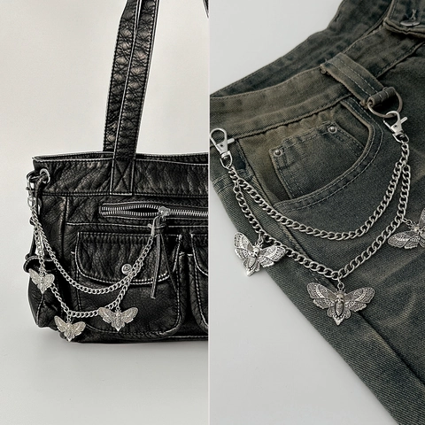 Gothic Punk Moth Skull Cross Pendant Layered Metal Chain Bag Accessory Trouser Chain Hip Hop Style Fashion Decoration