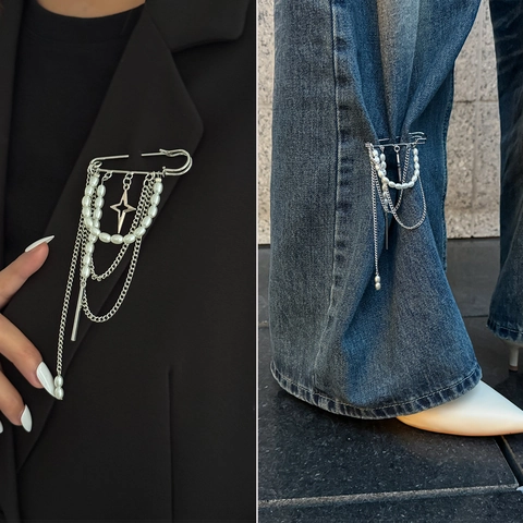 Europäische Ins Stil Mehrschichtige Ketten Quasten Brosche Mit Imitation Künstliche Perlen Stern Anhänger Sicherheitsnadel Für Jeans Damen Schmuck