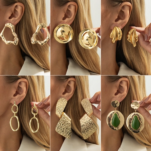 Vintage Liquid Metal Irregular Geometric Earrings For Women Gold Silver Plated Alloy Gemstone Statement Jewelry Ear Studs