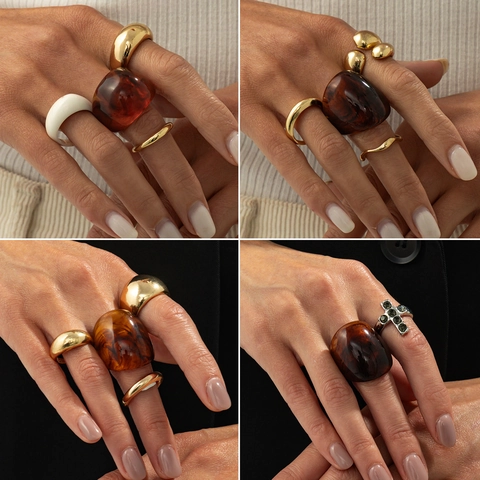 Vintage Chunky Stackable Rings Alloy Resin Geometric Finger Ring Gold Silver Rhinestone Jewelry For Women Daily Party