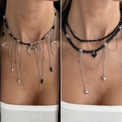 Alloy Crystal Heart Moon Pendant Tassel Necklace For Women Gothic Sweet Cool Multilayer Beaded Choker Chain Fashion Jewelry