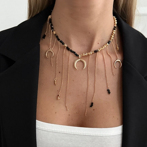 Alloy Crystal Heart Moon Pendant Tassel Necklace For Women Gothic Sweet Cool Multilayer Beaded Choker Chain Fashion Jewelry