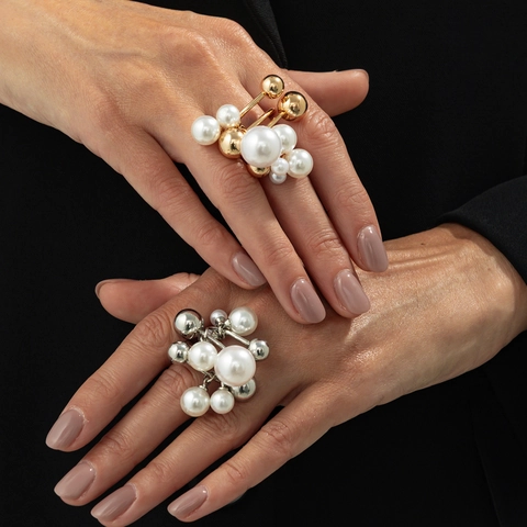 Vintage Cluster Imitation Artificial Pearl Ring For Women Gold Silver Plated Iron Metal Ball Clustered Open Adjustable Party Jewelry