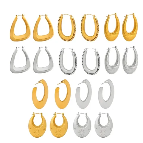 Stainless Steel U-Shape Hoop Earrings Exaggerated Vintage Ribbed Sun Pattern Gold Steel Color Jewelry For Women Gift