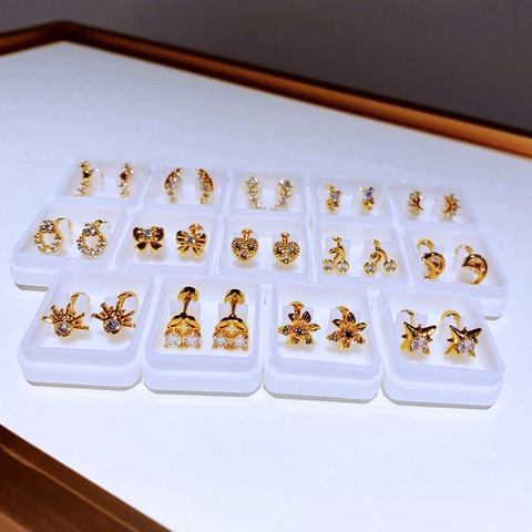 Glänzende Zirkonia Titanstahl Ohrstecker Vergoldet Herz Stern Schmetterling Geometrische Ohrknochen Schmuck Damen