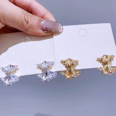 Elegante Fächerförmige Ohrstecker Mit 925 Sterlingsilber Ohrstecker-Stift Kupfer Echt Vergoldet Zirkonia Schmuck Damen