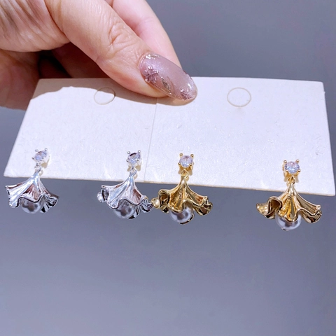 Mode Plissee Ginkgo Blatt Künstliche Perlen Ohrhänger Mit 925 Sterlingsilber Ohrstecker-Stift Gold Silber Vergoldetes Kupfer Zirkonia Schmuck Damen