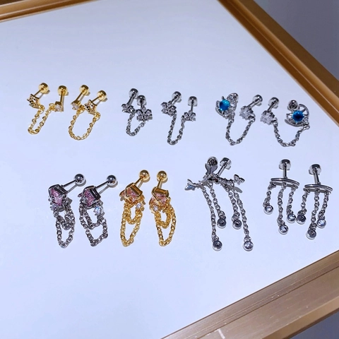 Edelstahl Stern Blume Kettenquaste Ohrringe Mit Zirkon Trendy Integrierte Doppelpiercing Ohrstecker Für Damen Schmuck