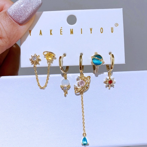 Fashion Copper 14K Gold Plated Zirconia Asymmetric Earring Collection Colorful Star Moon Planet Sun Tassel Earrings Women