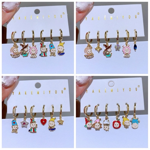Westlicher Stil Emaille Cartoon Figuren Ohrringe Set Kupfer Vergoldet Zirkonia Hängeohrringe Für Damen Mädchen Schmuck