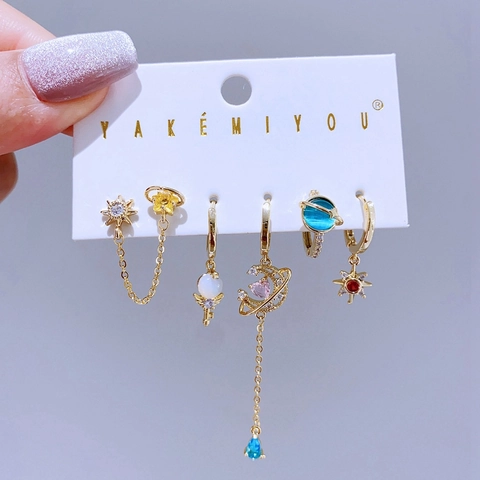 Fashion Copper 14K Gold Plated Zirconia Asymmetric Earring Collection Colorful Star Moon Planet Sun Tassel Earrings Women