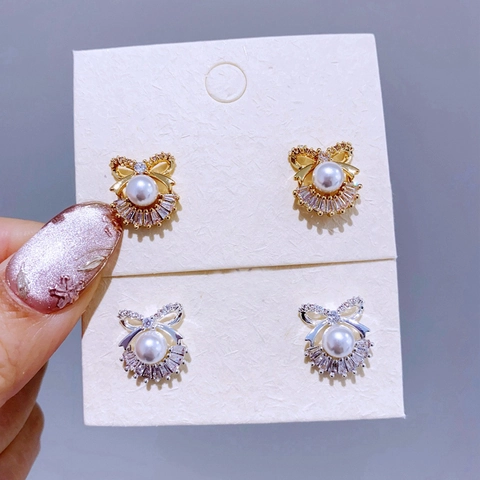 Luxus Echtgold Beschichtete Kupfer Schleife Künstliche Perle Ohrstecker Mit 925 Sterlingsilber Stift Zirkon Eleganter Schmuck Für Damen