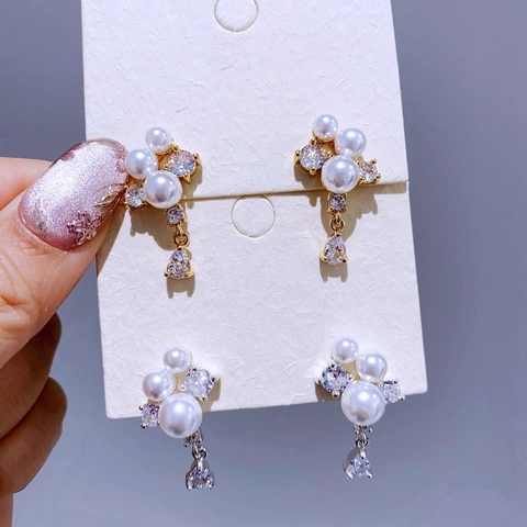 Vintage Elegante Wassertropfen Zirkonia Künstliche Perlenimitat Ohrstecker Mit 925 Sterlingsilber Ohrstecker-Stift Gold Silber Damen Schmuck