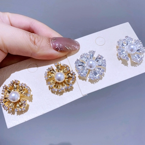 Mode Zirkonia Muschelperle Blumen Ohrstecker Mit 925 Sterlingsilber Ohrstecker-Stift Echt Vergoldete Ohrringe Für Damen