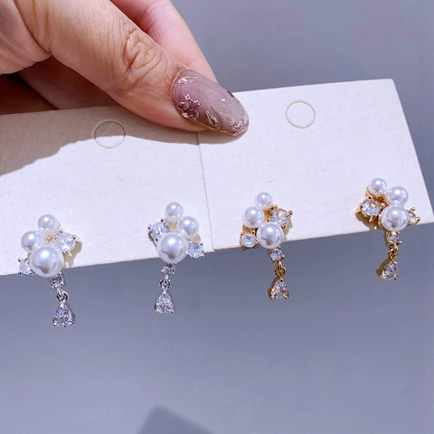 Vintage Elegante Wassertropfen Zirkonia Künstliche Perlenimitat Ohrstecker Mit 925 Sterlingsilber Ohrstecker-Stift Gold Silber Damen Schmuck