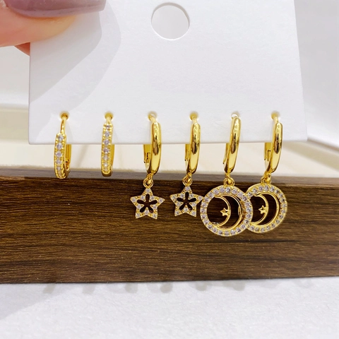 Real Gold Plated Copper Zircon Earring Collection Heart Evil Eye Star Moon Enamel Hamsa Hand Fashion Jewelry For Women