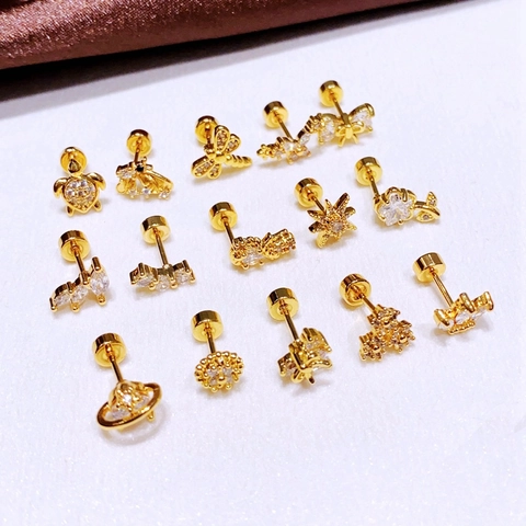 Luxus Vergoldete Kupfer Zirkonia Ohrstecker Mit Edelstahl Stift Herz Blume Tier Winzige Piercing Schmuck Für Damen