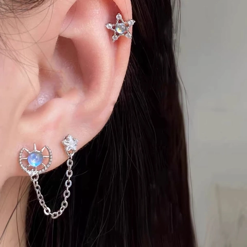 Medizinischer Edelstahl Kette Ohrstecker Für Damen Doppelloch Helix Piercing Stern Mond Blume Zirkonia Quaste Ohrringe Gold Silber Schmuck